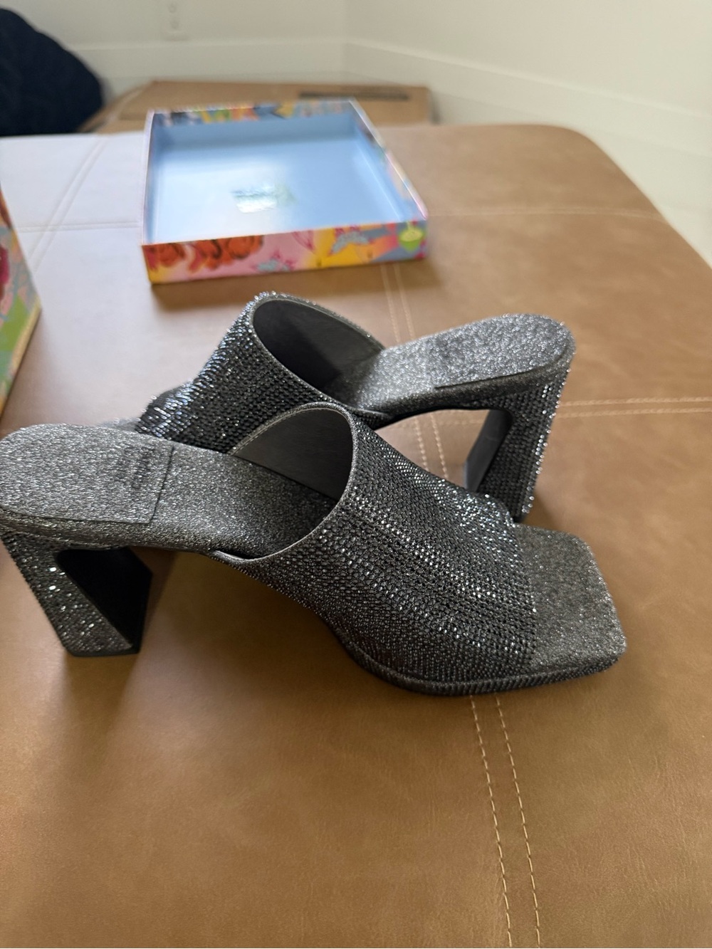Jeffrey Campbell Silver Glitter Square-Toe Block Heel Mules
